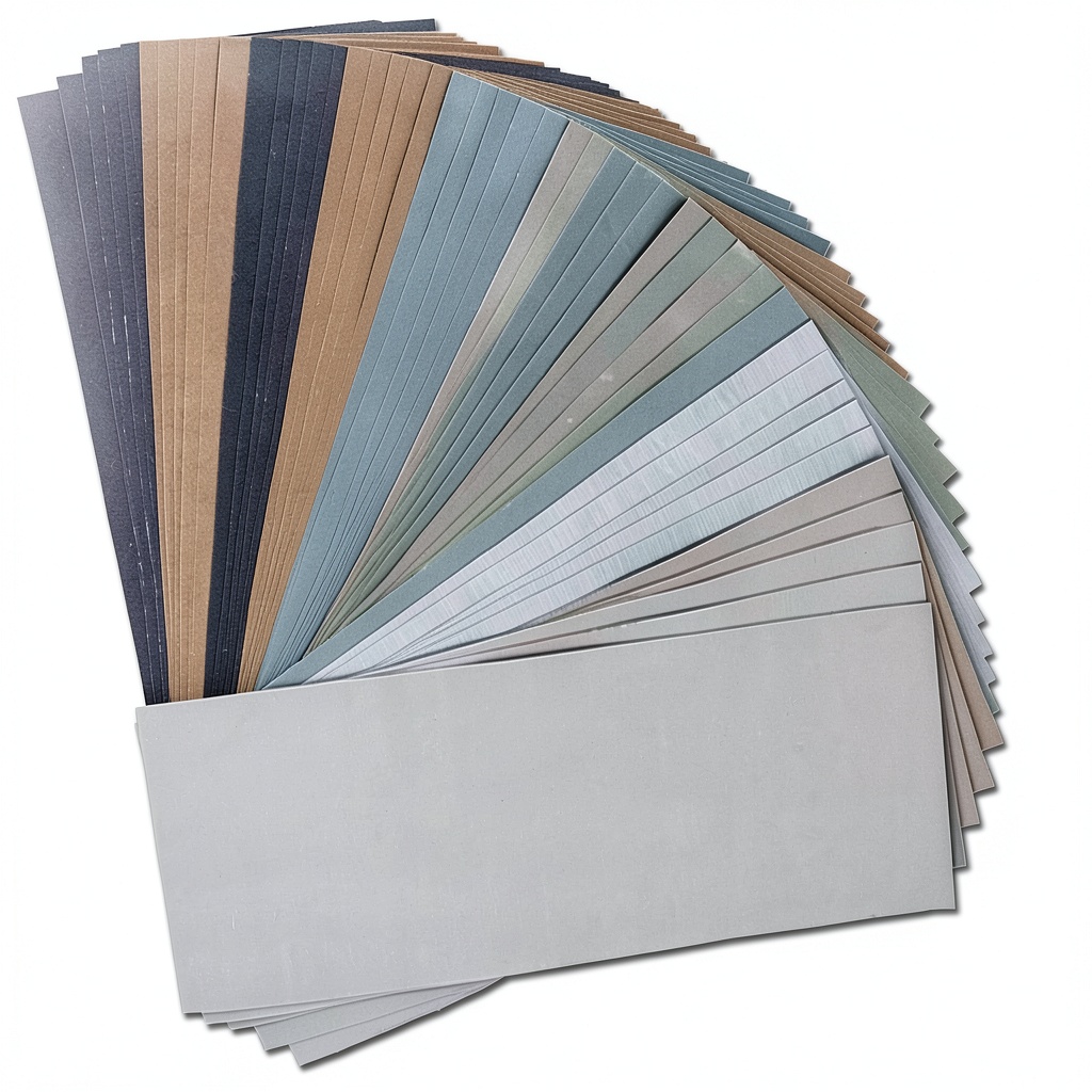 'BAISDY sandpaper sheets displayed with various grits for woodworking and metal projects'