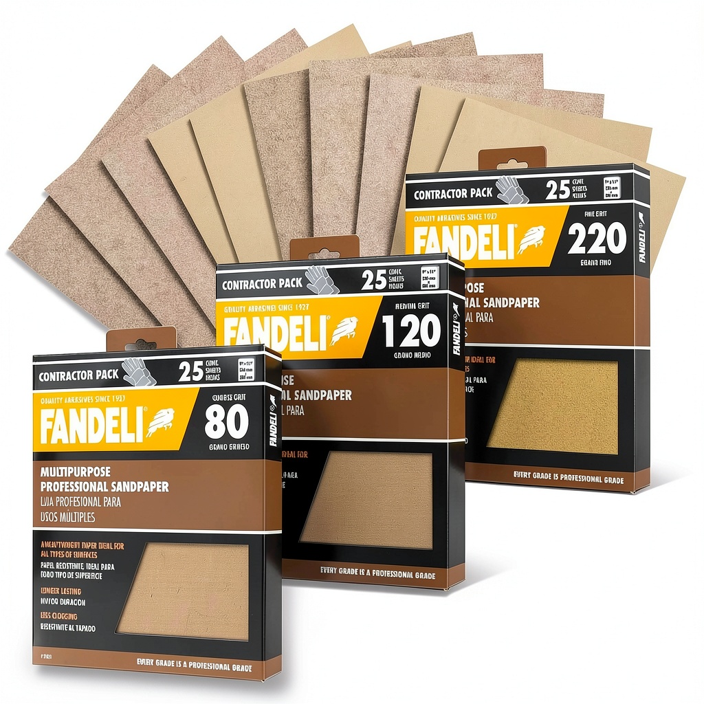 Fandeli sandpaper sheets in various grits on a workbench