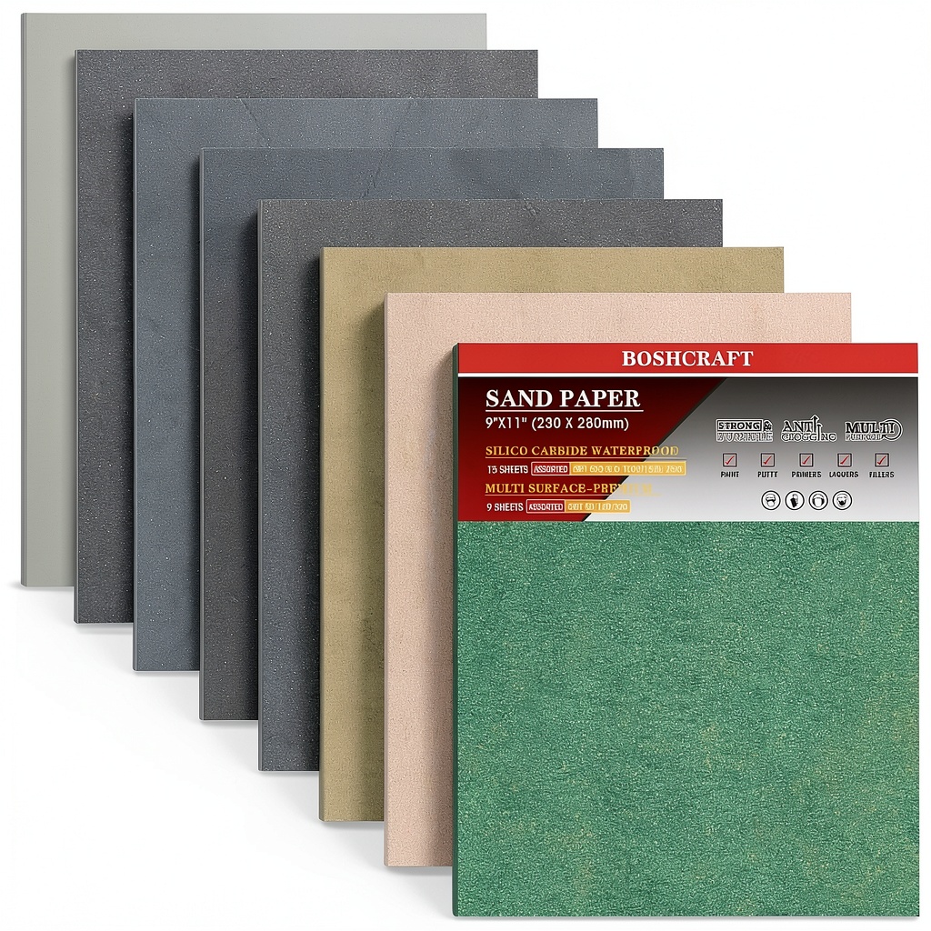 BOSHCRAFT sandpaper sheets displayed in a variety pack with grit labels