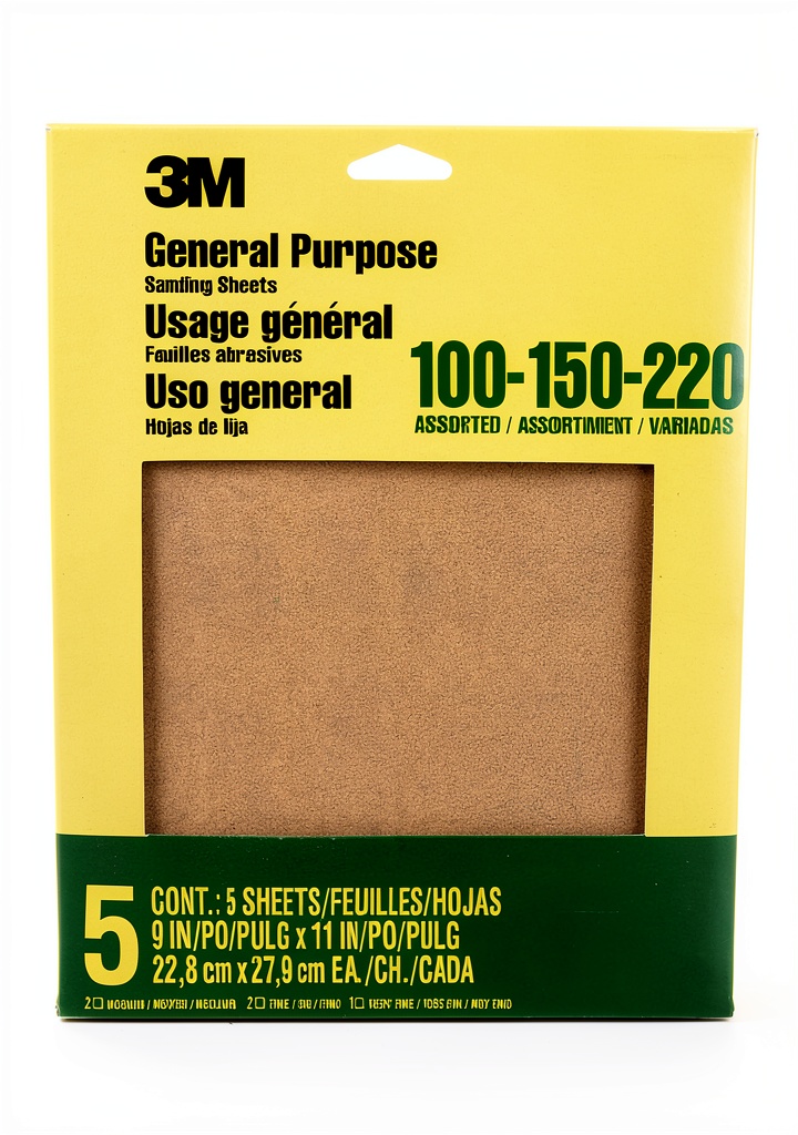 3M sandpaper sheets in assorted grits on a workbench