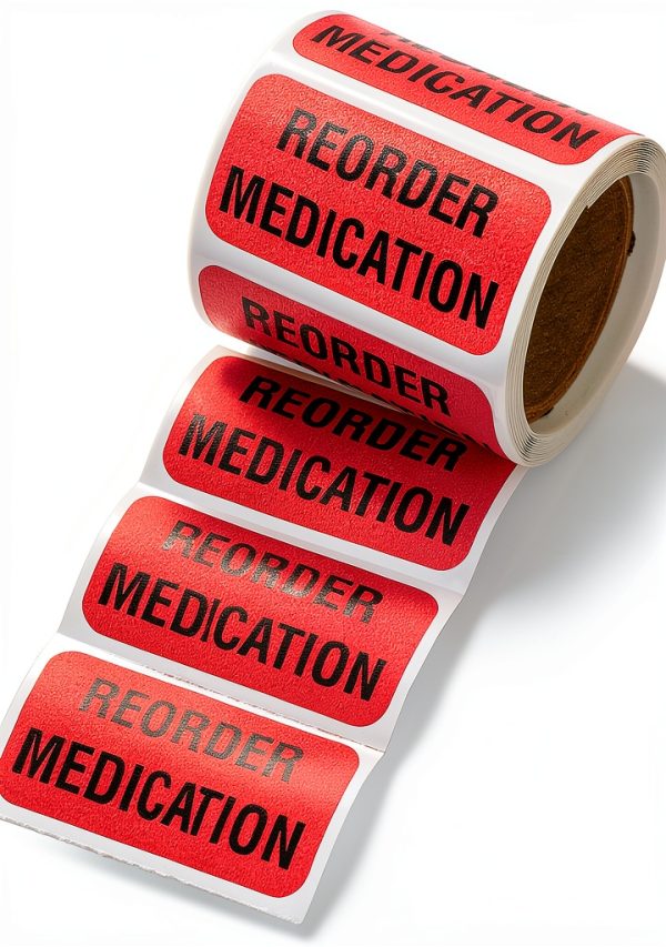 Carstens Medical Stickers – Reorder Medication Alert and Instruction Labels for Medical Charts, Red and Black, Roll of 100 Patient Chart Labels, W1.5" x H.75"-0